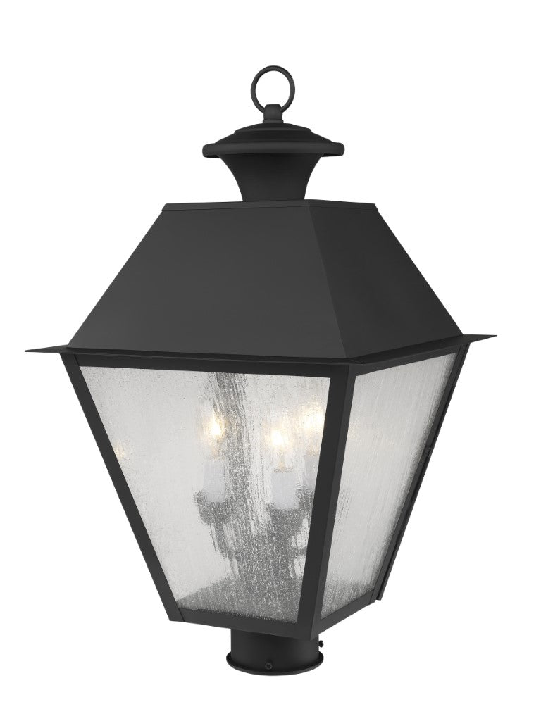 Mansfield Candelabra Base Light Bulb Socket Large Outdoor Post Top Lantern 12" x 12" x 20"  Hand Crafted Solid Brass and Seeded Glass, Black Finish 120V for Garden, Exterior Post - 2169-04