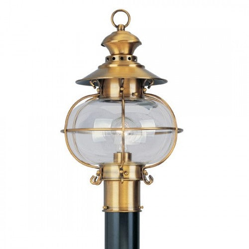 Harbor Medium Base Light Bulb Socket Medium Outdoor Post Top Lantern 17" x 10.5" Hand Crafted Solid Brass and Hand Blown Clear Glass, Flemish Brass Finish 120V for Garden, Exterior Post - 2224-22