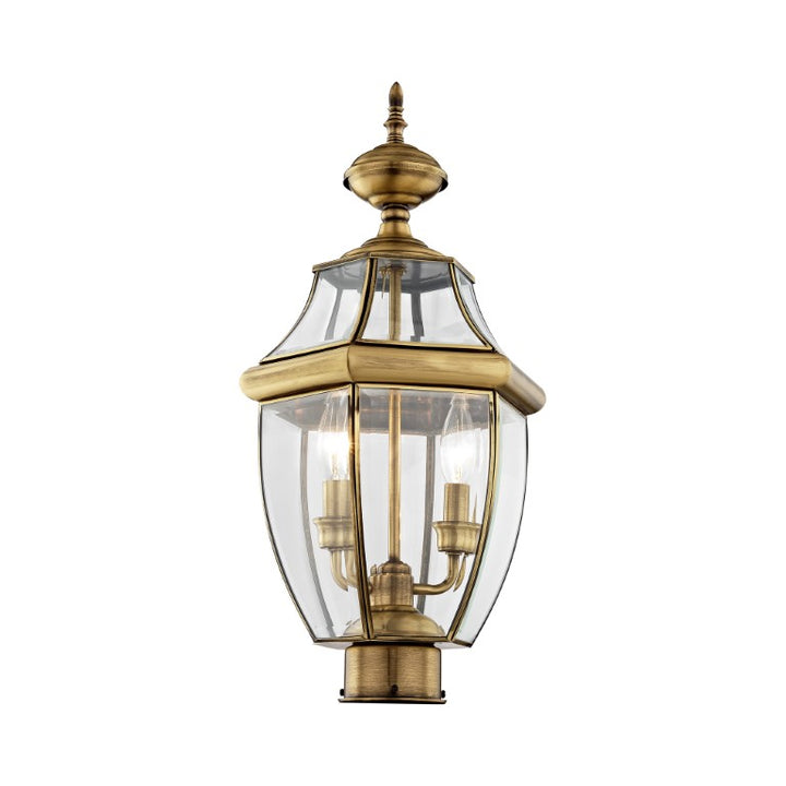Monterey Candelabra Base Light Bulb Socket Medium Outdoor Post Top Lantern 21.5" x 10.5" Hand Crafted Solid Brass and Clear Beveled Glass, Antique Brass Finish 120V for Garden, Exterior Post - 2254-01