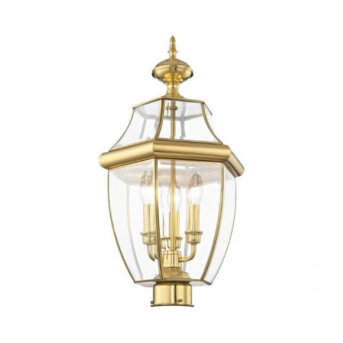Monterey Candelabra Base Light Bulb Socket Large Outdoor Post Top Lantern 23.5" x 12.5"  Hand Crafted Solid Brass and Clear Beveled Glass, Antique Brass Finish 120V for Garden, Exterior Post - 2354-02