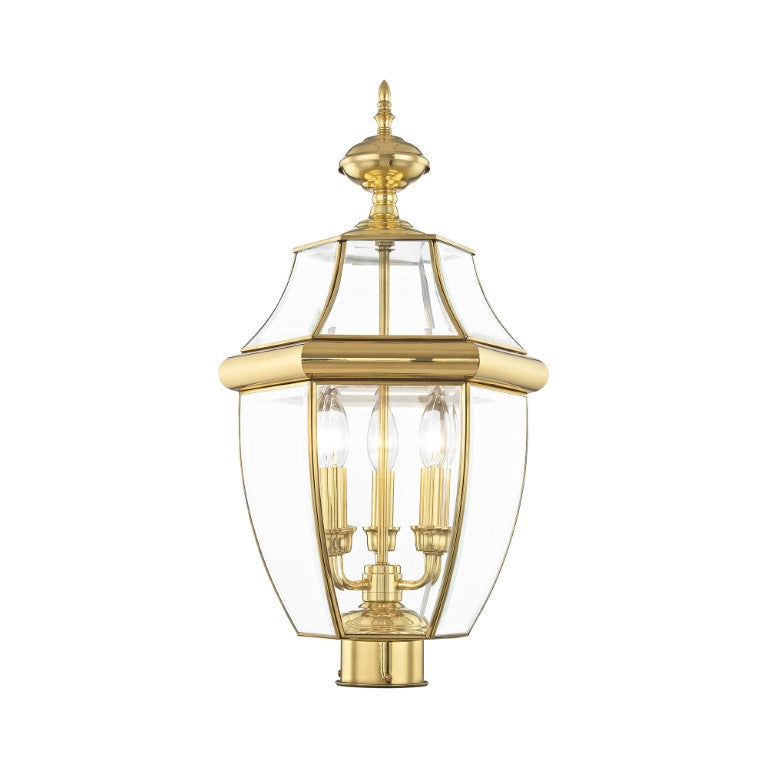 Monterey Candelabra Base Light Bulb Socket Large Outdoor Post Top Lantern 23.5" x 12.5"  Hand Crafted Solid Brass and Clear Beveled Glass, Antique Brass Finish 120V for Garden, Exterior Post - 2354-02