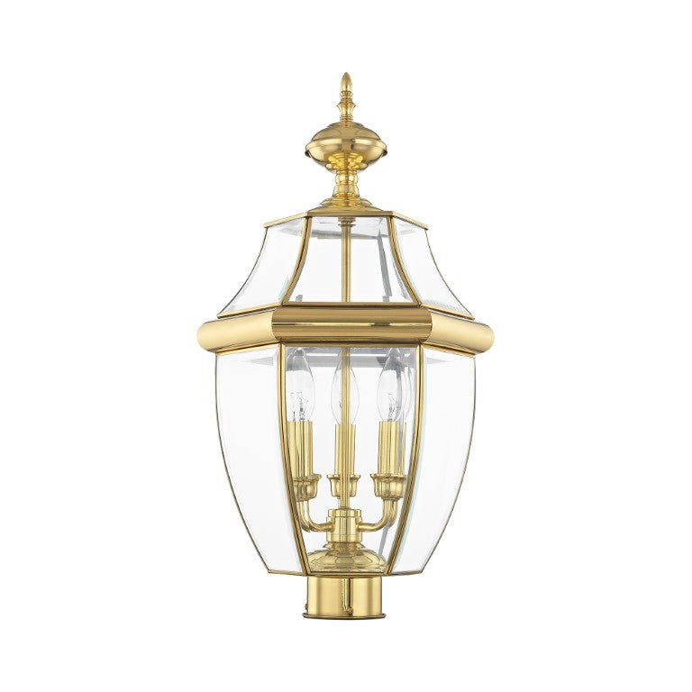 Monterey Candelabra Base Light Bulb Socket Large Outdoor Post Top Lantern 23.5" x 12.5"  Hand Crafted Solid Brass and Clear Beveled Glass, Antique Brass Finish 120V for Garden, Exterior Post - 2354-02