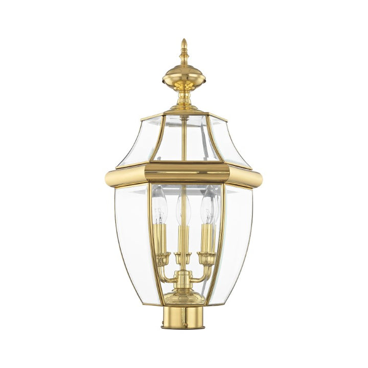 Monterey Candelabra Base Light Bulb Socket Large Outdoor Post Top Lantern 23.5" x 12.5"  Hand Crafted Solid Brass and Clear Beveled Glass, Antique Brass Finish 120V for Garden, Exterior Post - 2354-02