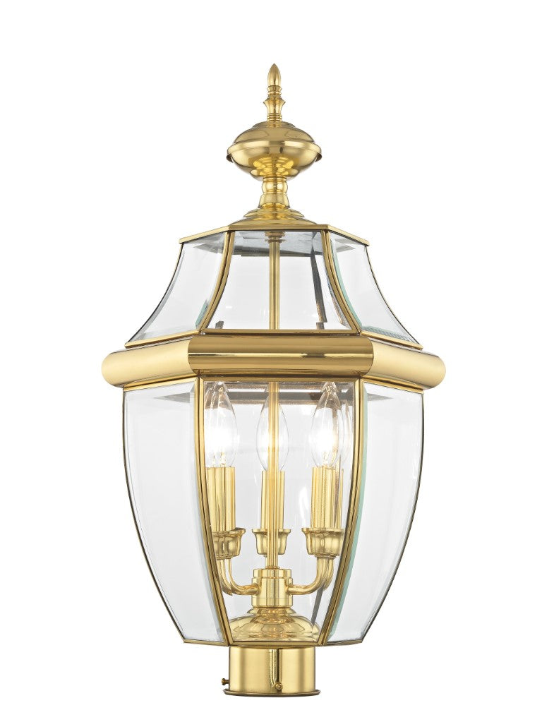 Monterey Candelabra Base Light Bulb Socket Large Outdoor Post Top Lantern 23.5" x 12.5"  Hand Crafted Solid Brass and Clear Beveled Glass, Antique Brass Finish 120V for Garden, Exterior Post - 2354-02