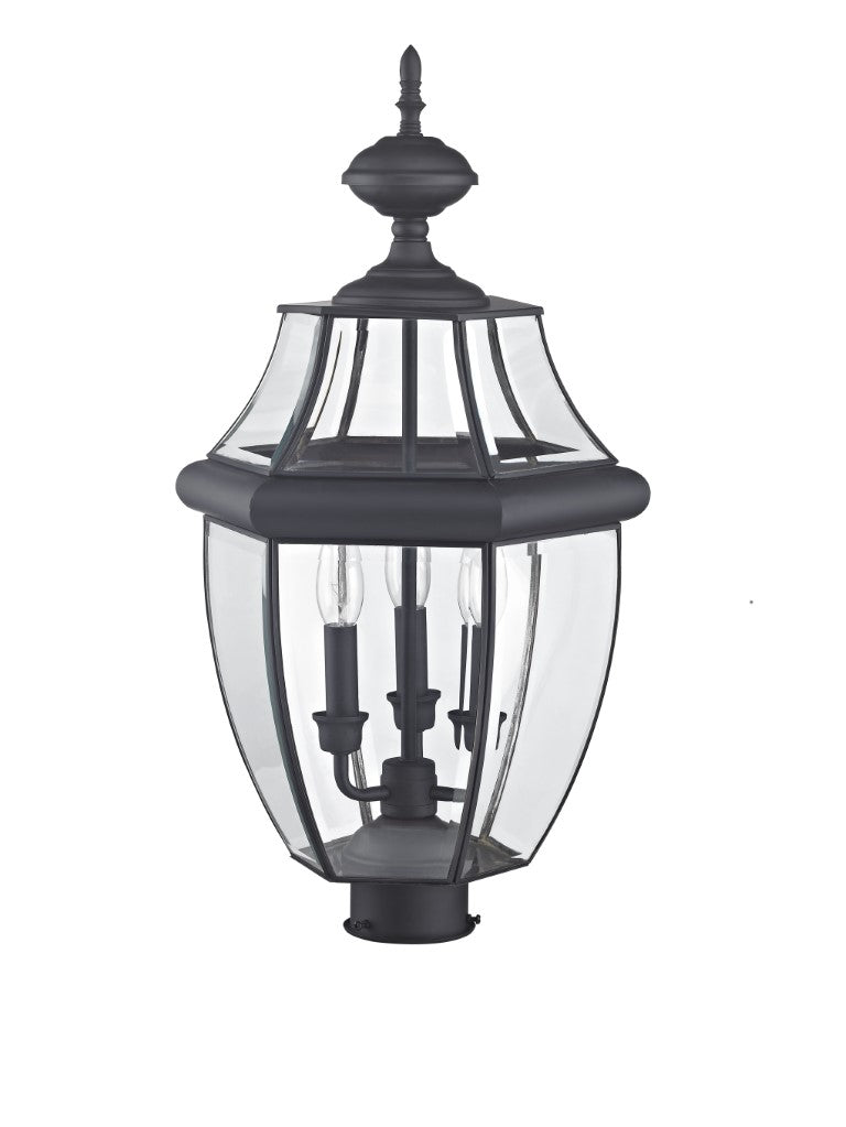 Monterey Candelabra Base Light Bulb Socket Large Outdoor Post Top Lantern 23.5" x 12.5"  Hand Crafted Solid Brass and Clear Beveled Glass, Black Finish 120V for Garden, Exterior Post - 2354-04