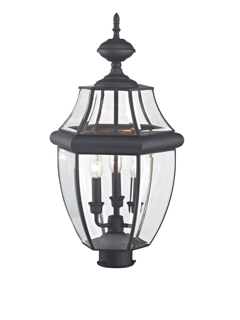 Monterey Candelabra Base Light Bulb Socket Large Outdoor Post Top Lantern 23.5" x 12.5"  Hand Crafted Solid Brass and Clear Beveled Glass, Black Finish 120V for Garden, Exterior Post - 2354-04