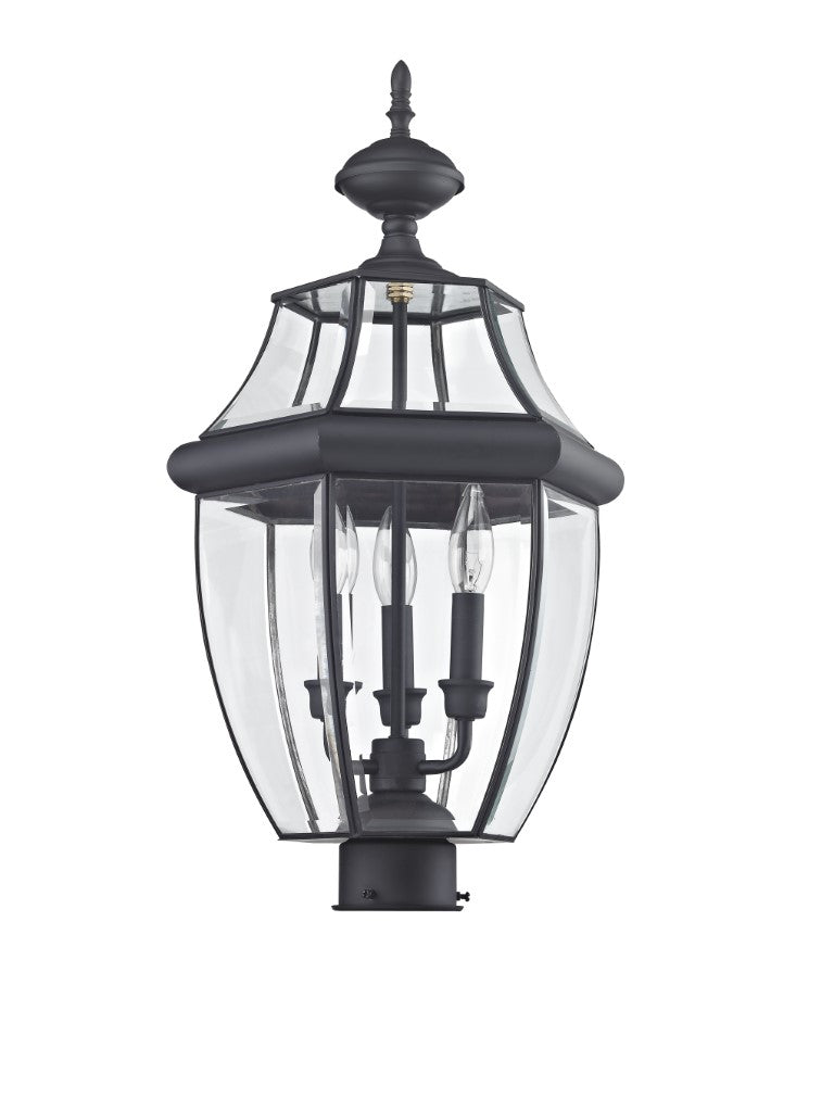 Monterey Candelabra Base Light Bulb Socket Large Outdoor Post Top Lantern 23.5" x 12.5"  Hand Crafted Solid Brass and Clear Beveled Glass, Black Finish 120V for Garden, Exterior Post - 2354-04