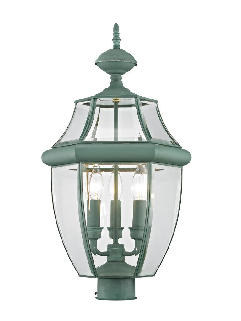 Monterey Candelabra Base Light Bulb Socket Large Outdoor Post Top Lantern 23.5" x 12.5"  Hand Crafted Solid Brass and Clear Beveled Glass, Verdigris Finish 120V for Garden, Exterior Post - 2354-06