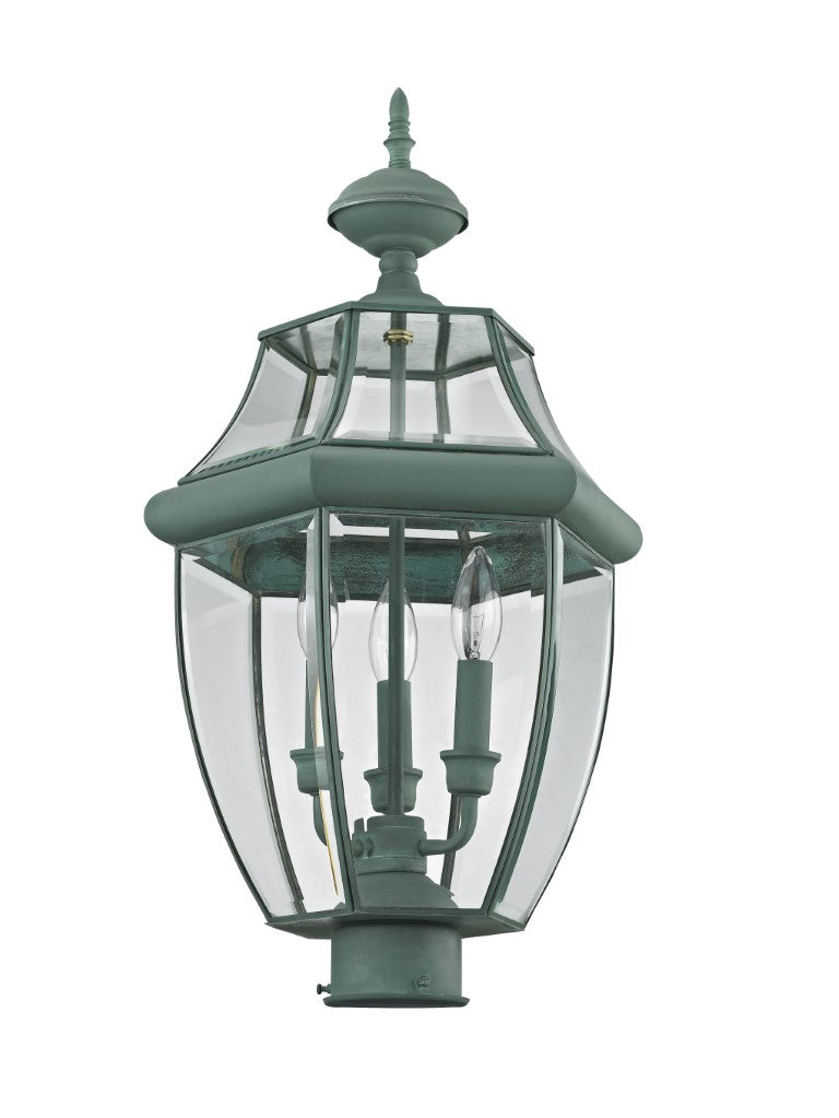 Monterey Candelabra Base Light Bulb Socket Large Outdoor Post Top Lantern 23.5" x 12.5"  Hand Crafted Solid Brass and Clear Beveled Glass, Verdigris Finish 120V for Garden, Exterior Post - 2354-06
