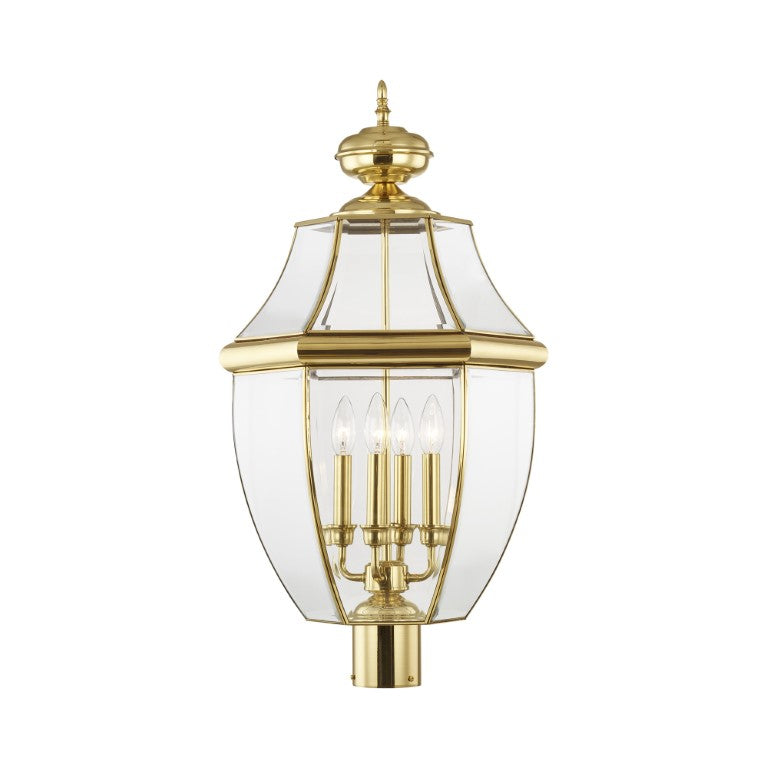 Monterey Candelabra Base Light Bulb Socket Extra Large Outdoor Post Top Lantern 29" x 16"  Hand Crafted Solid Brass and Clear Beveled Glass, Polished Brass Finish 120V for Garden, Exterior Post - 2358-02