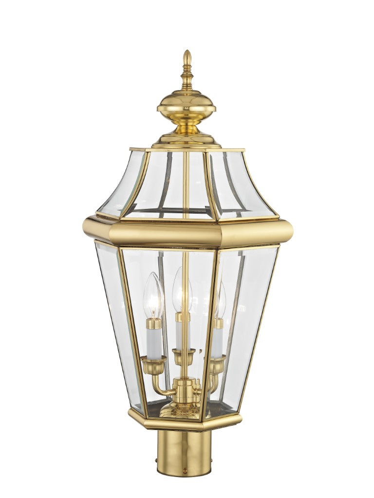 Georgetown Candelabra Base Light Bulb Socket Large Outdoor Post Top Lantern 23.25" x 13"  Hand Crafted Solid Brass and Clear Beveled Glass, Polished Brass Finish 120V for Garden, Exterior Post - 2364-02