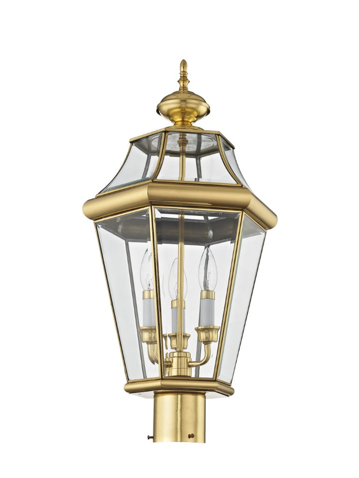 Georgetown Candelabra Base Light Bulb Socket Large Outdoor Post Top Lantern 23.25" x 13"  Hand Crafted Solid Brass and Clear Beveled Glass, Polished Brass Finish 120V for Garden, Exterior Post - 2364-02