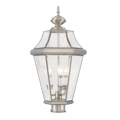Georgetown Candelabra Base Light 3 Bulb Sockets Large Outdoor Post Top Lantern 23.25" x 13"  Hand Crafted Solid Brass and Clear Beveled Glass, Brushed Nickel Finish 120V for Garden, Exterior Post - 2364-91