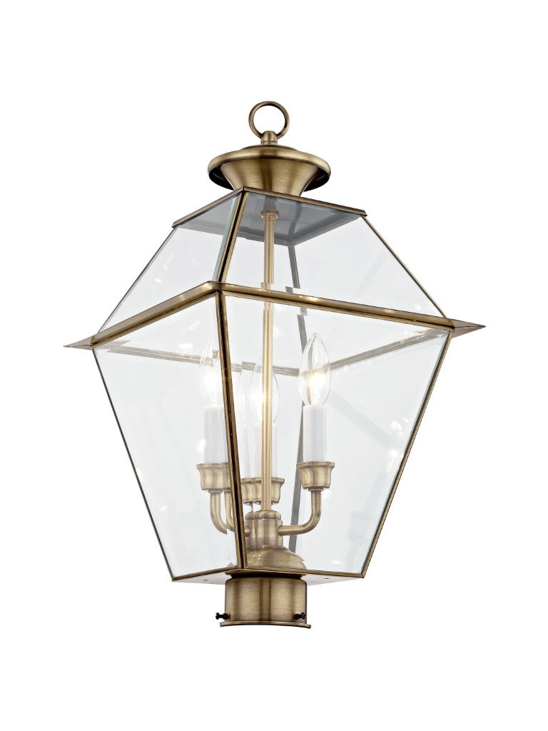 Westover Candelabra Base 3 Light  Bulb Sockets Large Outdoor Post Top Lantern 12" x 12" x 21.5" Hand Crafted Solid Brass and Clear Beveled Glass, Antique Brass Finish 120V for Garden, Exterior Post - 2384-01