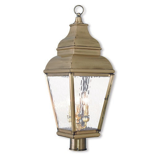 Exeter Candelabra Base 3 Light Bulb Sockets Large Outdoor Post Top Lantern 10" x 10" x 28.25" Hand Crafted Solid Brass and Clear Water Glass, Antique Brass Finish 120V for Garden, Exterior Post - 2606-01