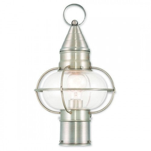 Newburyport Medium Base 1 Light Bulb Socket Medium Outdoor Post Top Lantern 15" x 8.75" Hand Crafted Solid Brass and Hand Blown Clear Glass, Brushed Nickel Finish 120V for Garden, Exterior Post - 26902-91