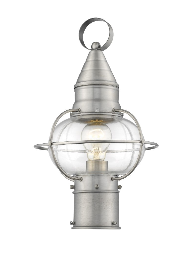Newburyport Medium Base 1 Light Bulb Socket Medium Outdoor Post Top Lantern 15" x 8.75" Hand Crafted Solid Brass and Hand Blown Clear Glass, Brushed Nickel Finish 120V for Garden, Exterior Post - 26902-91