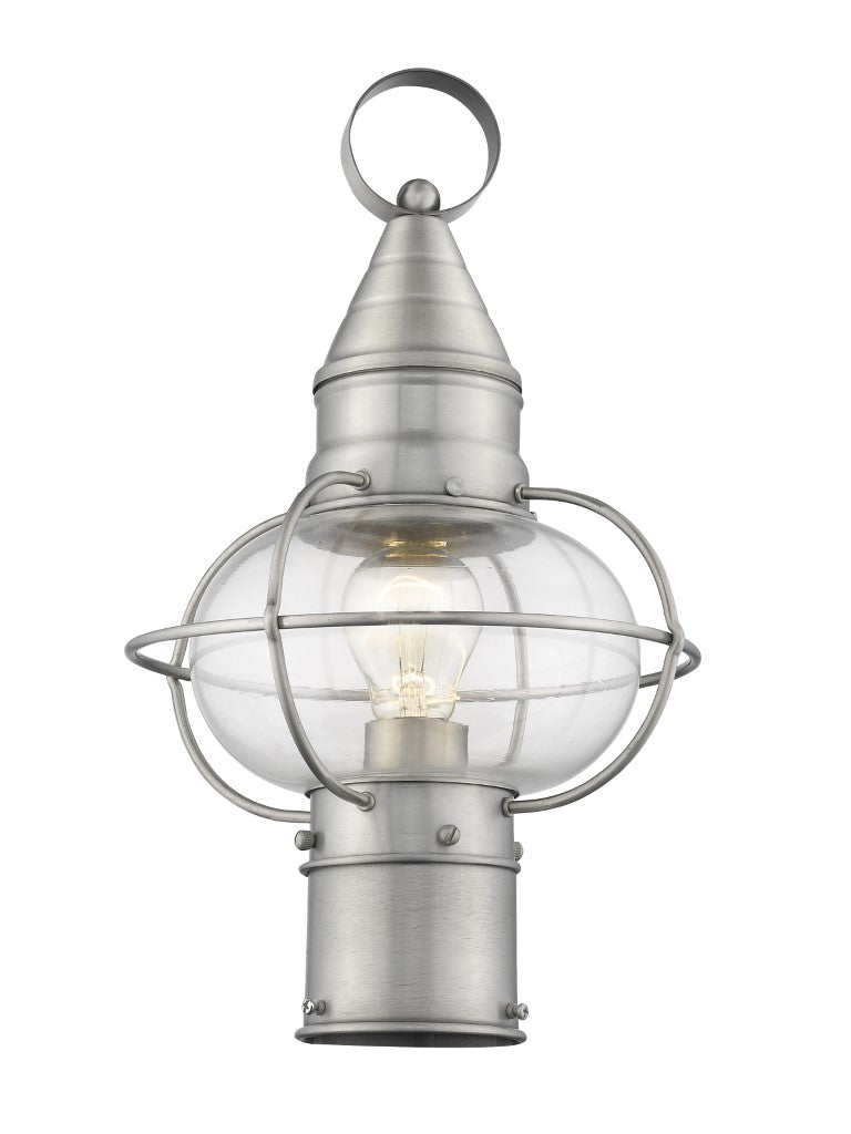 Newburyport Medium Base 1 Light Bulb Socket Medium Outdoor Post Top Lantern 15" x 8.75" Hand Crafted Solid Brass and Hand Blown Clear Glass, Brushed Nickel Finish 120V for Garden, Exterior Post - 26902-91