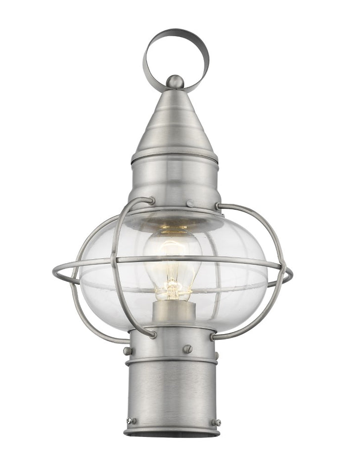 Newburyport Medium Base 1 Light Bulb Socket Medium Outdoor Post Top Lantern 15" x 8.75" Hand Crafted Solid Brass and Hand Blown Clear Glass, Brushed Nickel Finish 120V for Garden, Exterior Post - 26902-91