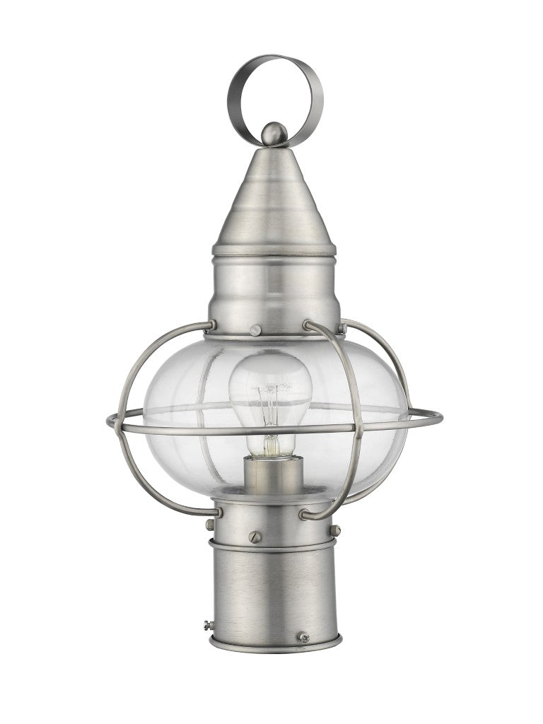 Newburyport Medium Base 1 Light Bulb Socket Medium Outdoor Post Top Lantern 15" x 8.75" Hand Crafted Solid Brass and Hand Blown Clear Glass, Brushed Nickel Finish 120V for Garden, Exterior Post - 26902-91