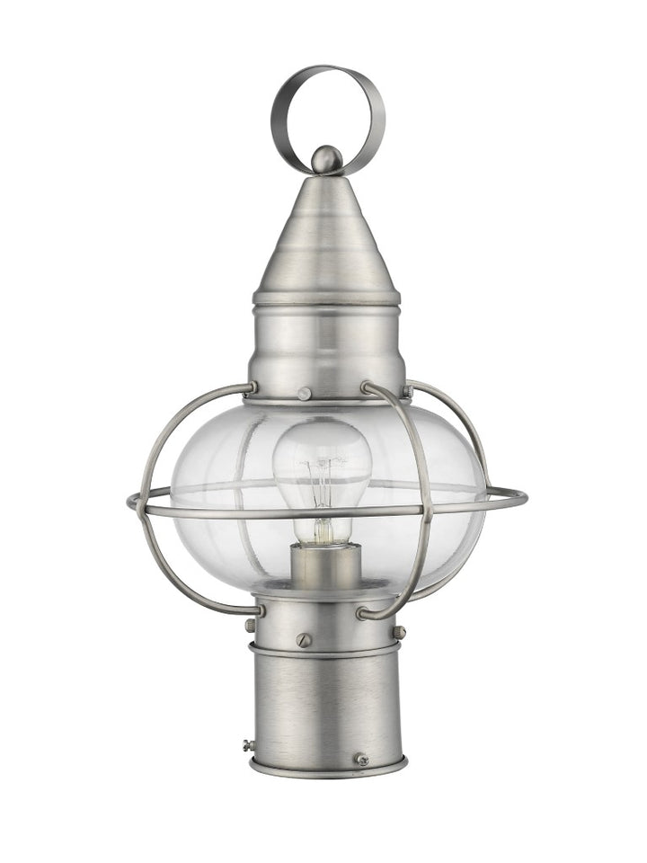 Newburyport Medium Base 1 Light Bulb Socket Medium Outdoor Post Top Lantern 15" x 8.75" Hand Crafted Solid Brass and Hand Blown Clear Glass, Brushed Nickel Finish 120V for Garden, Exterior Post - 26902-91