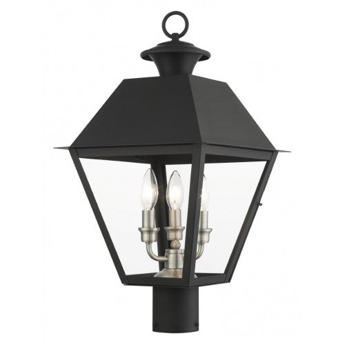 Mansfield Candelabra Base 3 Light Bulb Sockets Large Outdoor Post Top Lantern 12" x 12" x 22" Solid Brass and Clear Glass, Black Finish 120V for Garden, Exterior Post - 27219-04