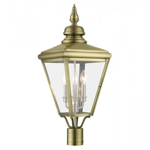 Adams Candelabra Base 3 Light Bulb Sockets Outdoor Large Post Top Lantern 10.625" Sq. x 26.75" Solid Brass and Clear Glass, Antique Brass with Brushed Nickel Finish Cluster  120V for Garden, Exterior Post - 27375-01
