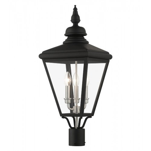 Adams Candelabra Base 3 Light Bulb Sockets Outdoor Large Post Top Lantern 10.625" Sq. x 26.75" Solid Brass and Clear Glass, Black with Brushed Nickel Finish Cluster  120V for Garden, Exterior Post - 27375-04