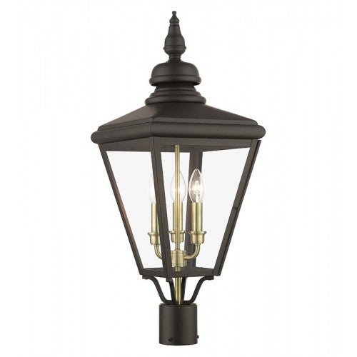 Adams Candelabra Base 3 Light Bulb Sockets Outdoor Large Post Top Lantern 10.625" Sq. x 26.75" Solid Brass and Clear Glass, Bronze with Antique Brass Finish Cluster 120V for Garden, Exterior Post - 27375-07