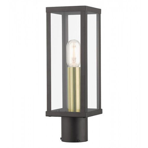 Gaffney Medium Base 1 Light Bulb Socket Outdoor Post Top Lantern 15.5" x 5" Sq. Stainless Steel and Clear Glass, Bronze with Antique Gold Finish Accents  120V for Garden, Exterior Post - 28034-07