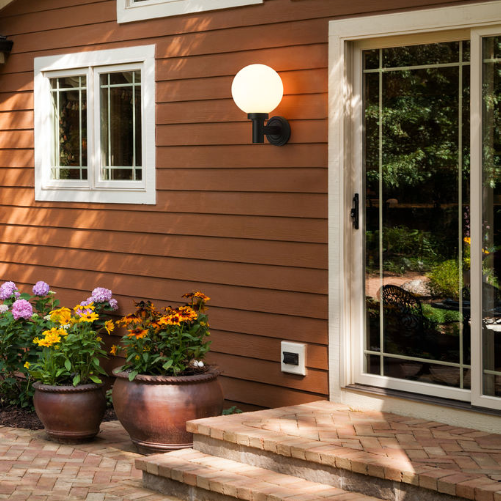 Laurent Outdoor Wall Sconce Light 1 E26 Medium Base Light Bulb Socket Outdoor Marine Grade Aluminum and Glass 9" x 8" x 12.5" Black with White Opal Finish 120V for Garden, Interior, Exterior, Garage and Patio 597M-BK