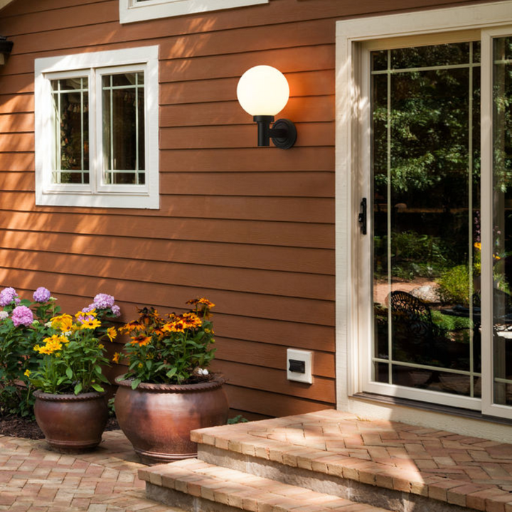 Laurent Outdoor Wall Sconce Light 1 E26 Medium Base Light Bulb Socket Outdoor Marine Grade Aluminum and Glass 9" x 8" x 12.5" Black with White Opal Finish 120V for Garden, Interior, Exterior, Garage and Patio 597M-BK