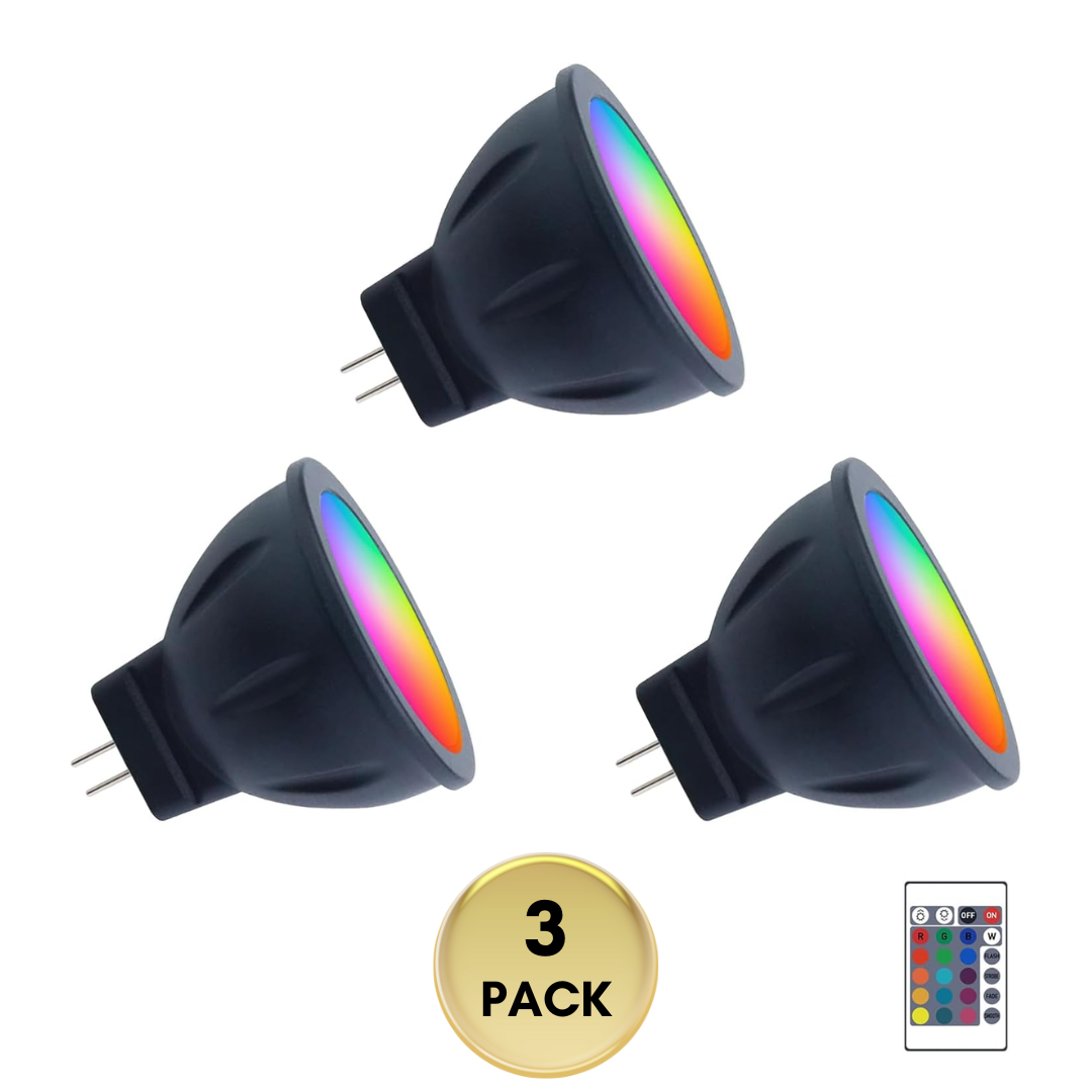 MR11 RGB Warm White + 15 Multicolors and 4-Level Brightness 3W, Energy-Saving, Color-Changing 12V Outdoor LED Light Bulb Compatible with Remote Control