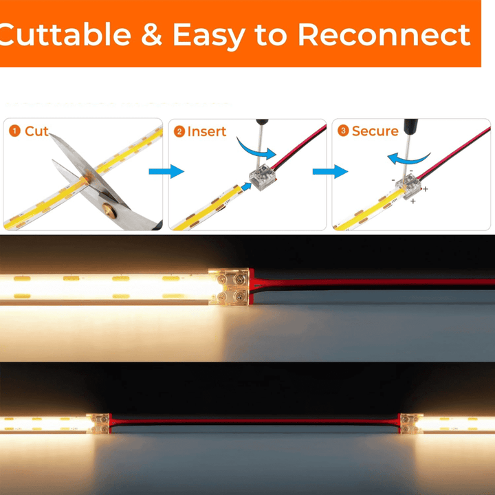 SLD24 Dotless Linear LED Dimmable, 5W/ft 16.4ft COB Strip Lights IP20 Low Voltage 10mm DC24V with Strong 3M VHB Adhesive Tape