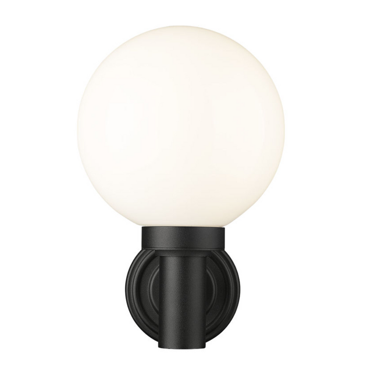 Laurent Outdoor Wall Sconce Light 1 E26 Medium Base Light Bulb Socket Outdoor Marine Grade Aluminum and Glass 9" x 8" x 12.5" Black with White Opal Finish 120V for Garden, Interior, Exterior, Garage and Patio 597M-BK