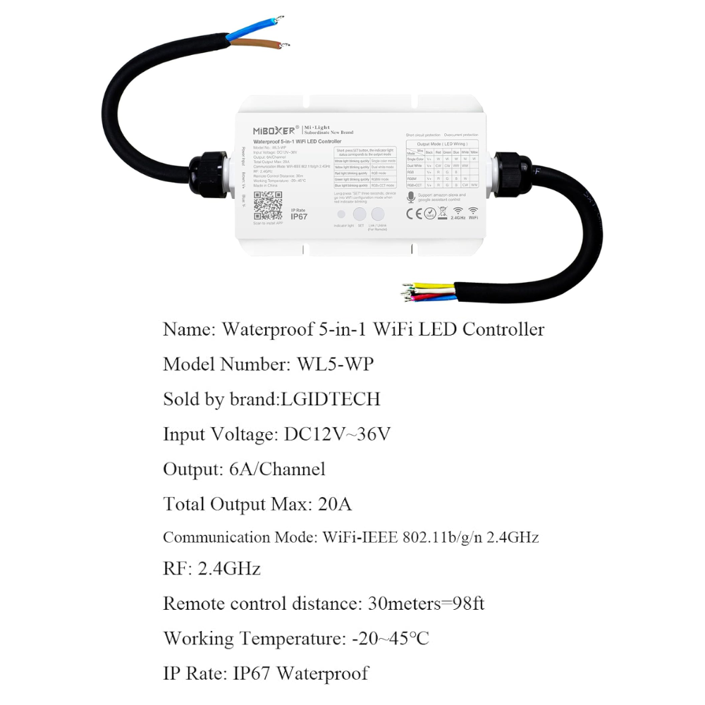 Miboxer WL5-WP LED Strip Light 5 in 1 Controller for 5050 3528 2835, IP67 Waterproof with Smartphone APP Control