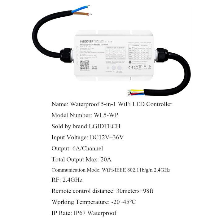 Miboxer WL5-WP LED Strip Light 5 in 1 Controller for 5050 3528 2835, IP67 Waterproof with Smartphone APP Control