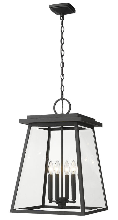 Broughton 521CHXL 4 Lights Outdoor Chain Mount Ceiling Hanging Pendant Fixture 15.75" x 15.75" x 23.75" Black Aluminum Clear Beveled Glass Line Voltage Candelabra 120V 4 E12 Base Sockets for Garden, Exterior Lighting