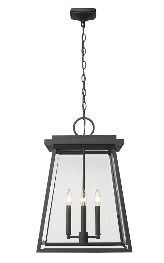 Broughton 521CHXL 4 Lights Outdoor Chain Mount Ceiling Hanging Pendant Fixture 15.75" x 15.75" x 23.75" Black Aluminum Clear Beveled Glass Line Voltage Candelabra 120V 4 E12 Base Sockets for Garden, Exterior Lighting