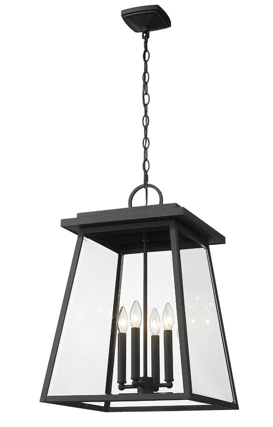 Broughton 521CHXL 4 Lights Outdoor Chain Mount Ceiling Hanging Pendant Fixture 15.75" x 15.75" x 23.75" Black Aluminum Clear Beveled Glass Line Voltage Candelabra 120V 4 E12 Base Sockets for Garden, Exterior Lighting