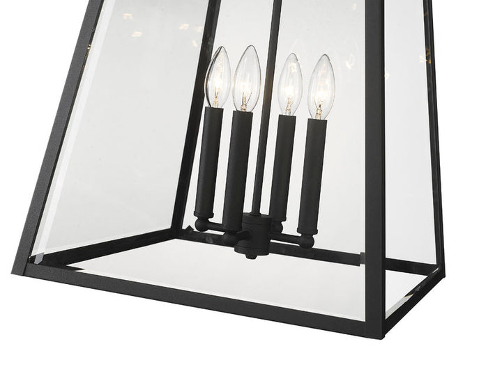 Broughton 521CHXL 4 Lights Outdoor Chain Mount Ceiling Hanging Pendant Fixture 15.75" x 15.75" x 23.75" Black Aluminum Clear Beveled Glass Line Voltage Candelabra 120V 4 E12 Base Sockets for Garden, Exterior Lighting
