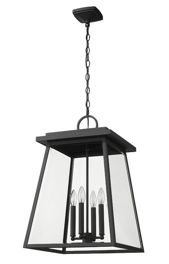 Broughton 521CHXL 4 Lights Outdoor Chain Mount Ceiling Hanging Pendant Fixture 15.75" x 15.75" x 23.75" Black Aluminum Clear Beveled Glass Line Voltage Candelabra 120V 4 E12 Base Sockets for Garden, Exterior Lighting