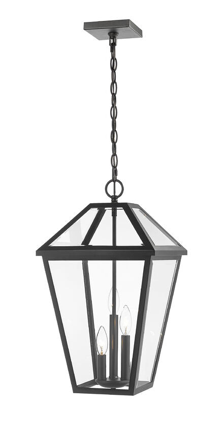 Talbot 579CHXL 3 Lights Outdoor Chain Mount Ceiling Hanging Pendant Fixture 12.25" x 12.25" x 21.5" Black Stainless Steel Clear Beveled Glass Line Voltage Candelabra 120V 3 E12 Base Sockets for Garden, Exterior Lighting