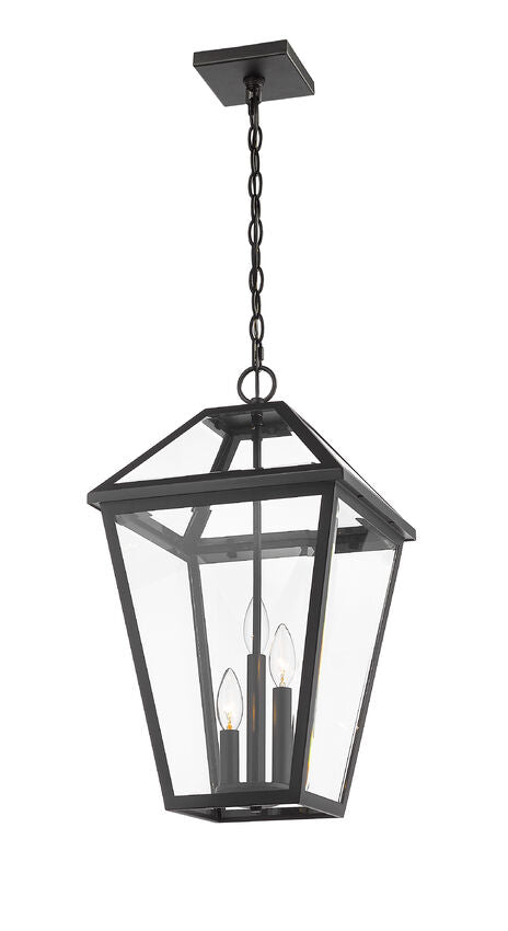 Talbot 579CHXL 3 Lights Outdoor Chain Mount Ceiling Hanging Pendant Fixture 12.25" x 12.25" x 21.5" Black Stainless Steel Clear Beveled Glass Line Voltage Candelabra 120V 3 E12 Base Sockets for Garden, Exterior Lighting