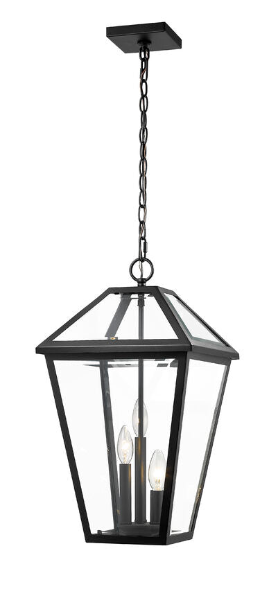 Talbot 579CHXL 3 Lights Outdoor Chain Mount Ceiling Hanging Pendant Fixture 12.25" x 12.25" x 21.5" Black Stainless Steel Clear Beveled Glass Line Voltage Candelabra 120V 3 E12 Base Sockets for Garden, Exterior Lighting