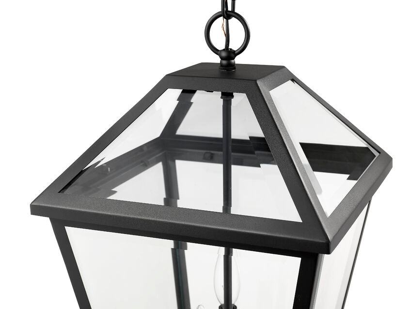 Talbot 579CHXL 3 Lights Outdoor Chain Mount Ceiling Hanging Pendant Fixture 12.25" x 12.25" x 21.5" Black Stainless Steel Clear Beveled Glass Line Voltage Candelabra 120V 3 E12 Base Sockets for Garden, Exterior Lighting