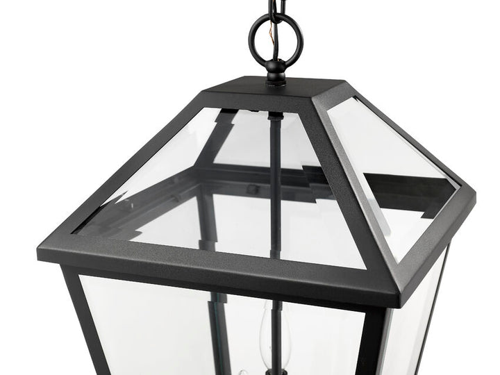 Talbot 579CHXL 3 Lights Outdoor Chain Mount Ceiling Hanging Pendant Fixture 12.25" x 12.25" x 21.5" Black Stainless Steel Clear Beveled Glass Line Voltage Candelabra 120V 3 E12 Base Sockets for Garden, Exterior Lighting
