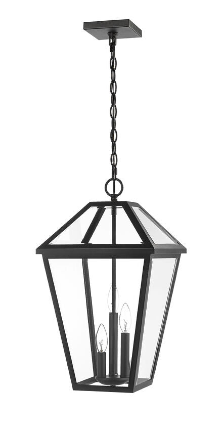 Talbot 579CHXL 3 Lights Outdoor Chain Mount Ceiling Hanging Pendant Fixture 12.25" x 12.25" x 21.5" Black Stainless Steel Clear Beveled Glass Line Voltage Candelabra 120V 3 E12 Base Sockets for Garden, Exterior Lighting
