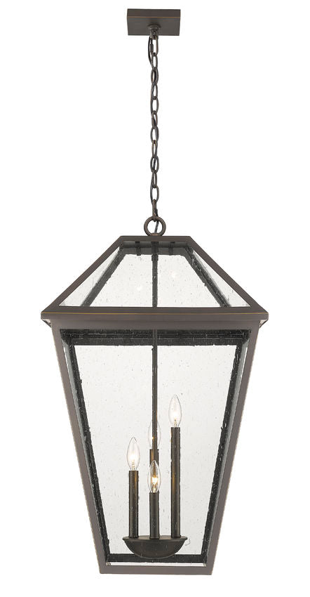Talbot 579CHXLX 4 Lights Outdoor Chain Mount Ceiling Hanging Pendant Fixture 19.5" x 19.5" x 32.25" Oil Rubbed Bronze Stainless Steel and Iron Clear Seedy Glass Line Voltage Candelabra 120V 4 E12 Base Sockets for Garden, Exterior Lighting