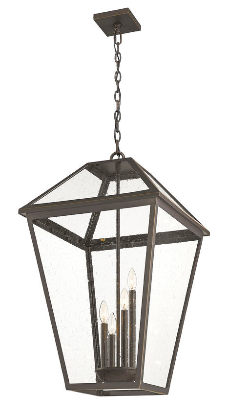 Talbot 579CHXLX 4 Lights Outdoor Chain Mount Ceiling Hanging Pendant Fixture 19.5" x 19.5" x 32.25" Oil Rubbed Bronze Stainless Steel and Iron Clear Seedy Glass Line Voltage Candelabra 120V 4 E12 Base Sockets for Garden, Exterior Lighting